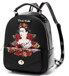 Frida Kahlo Flower Backpack with Front Pocket Black