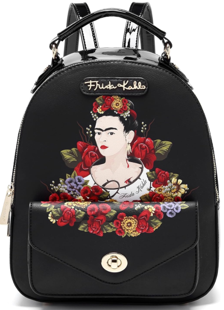 Frida Kahlo Flower Backpack with Front Pocket Black
