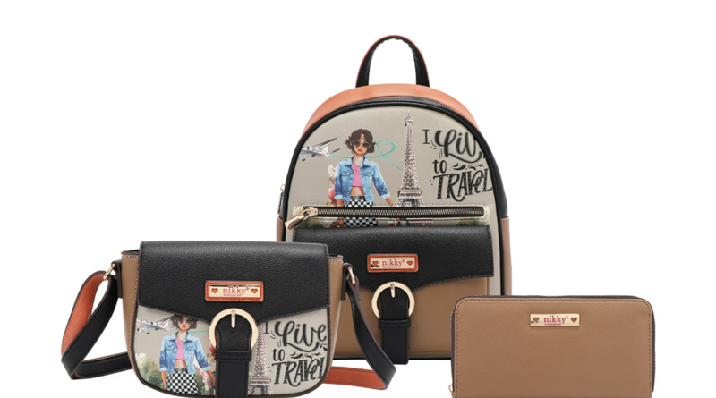 I live to Travel Backpack 3 Piece Set (Backpack, Crossbody, Wallet)